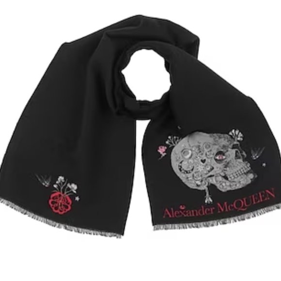 Alexander McQueen Accessories - Alexander McQueen Wool Silk Skull Scarf Black Red Gray